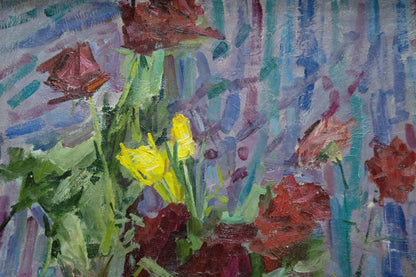 Vibrant impressionist oil painting of yellow tulips and red roses by Ryasnyansky Mikhail Alekseevich
