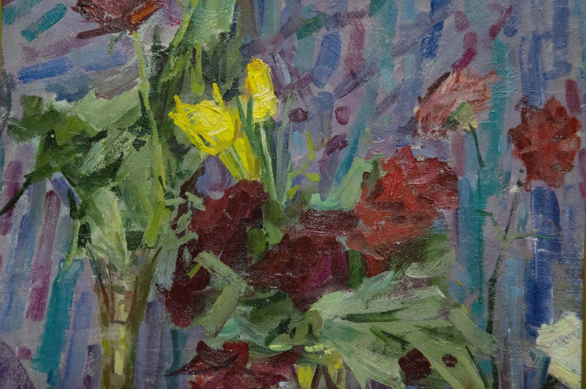 Vibrant impressionist oil painting of yellow tulips and red roses by Ryasnyansky