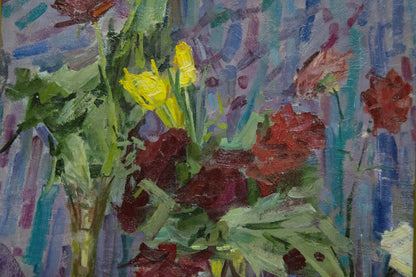 Vibrant impressionist oil painting of yellow tulips and red roses by Ryasnyansky