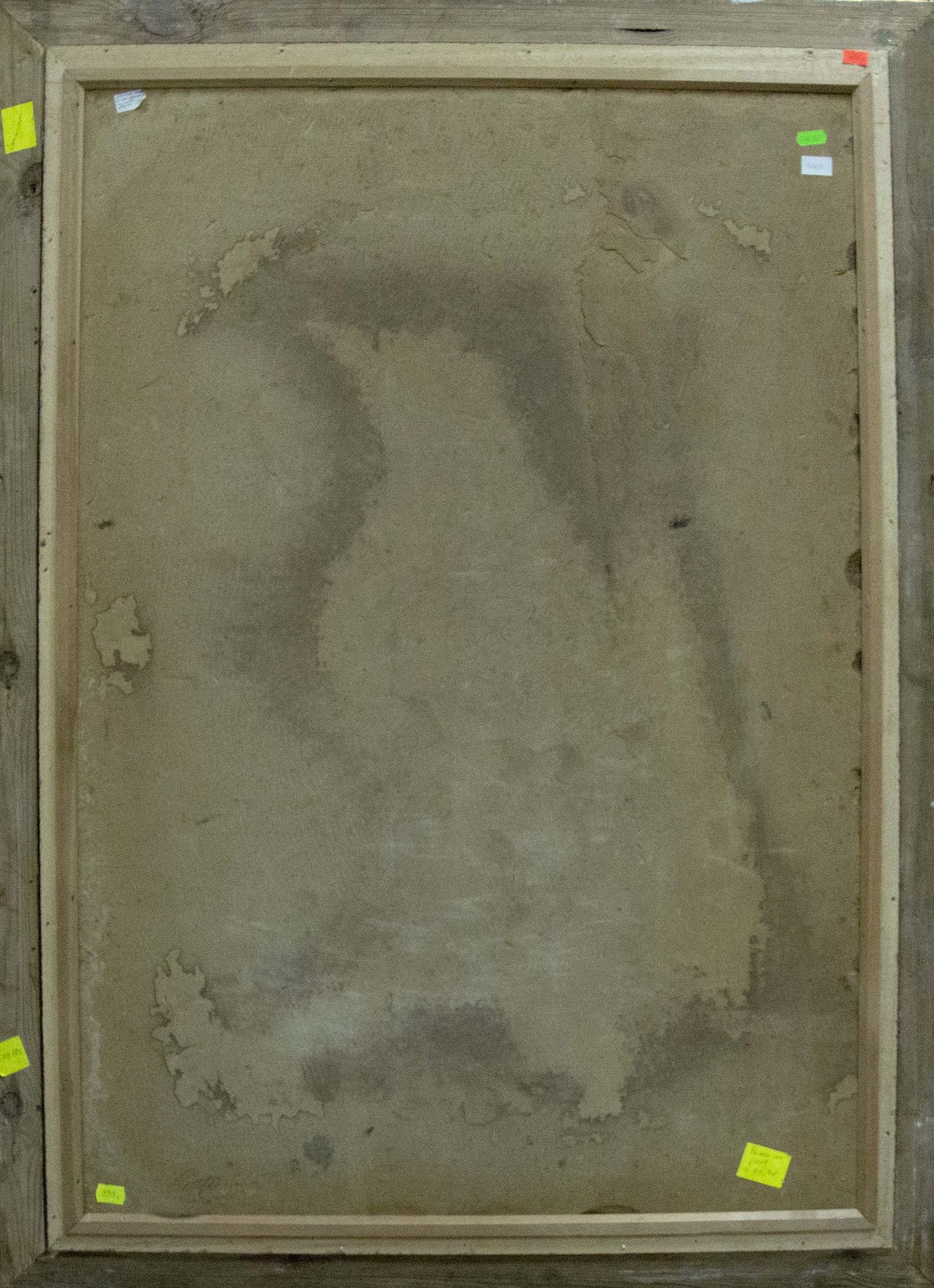 Back of framed oil painting Gladiolus by Smolskiy Grigoriy Stepanovich, aged beige canvas