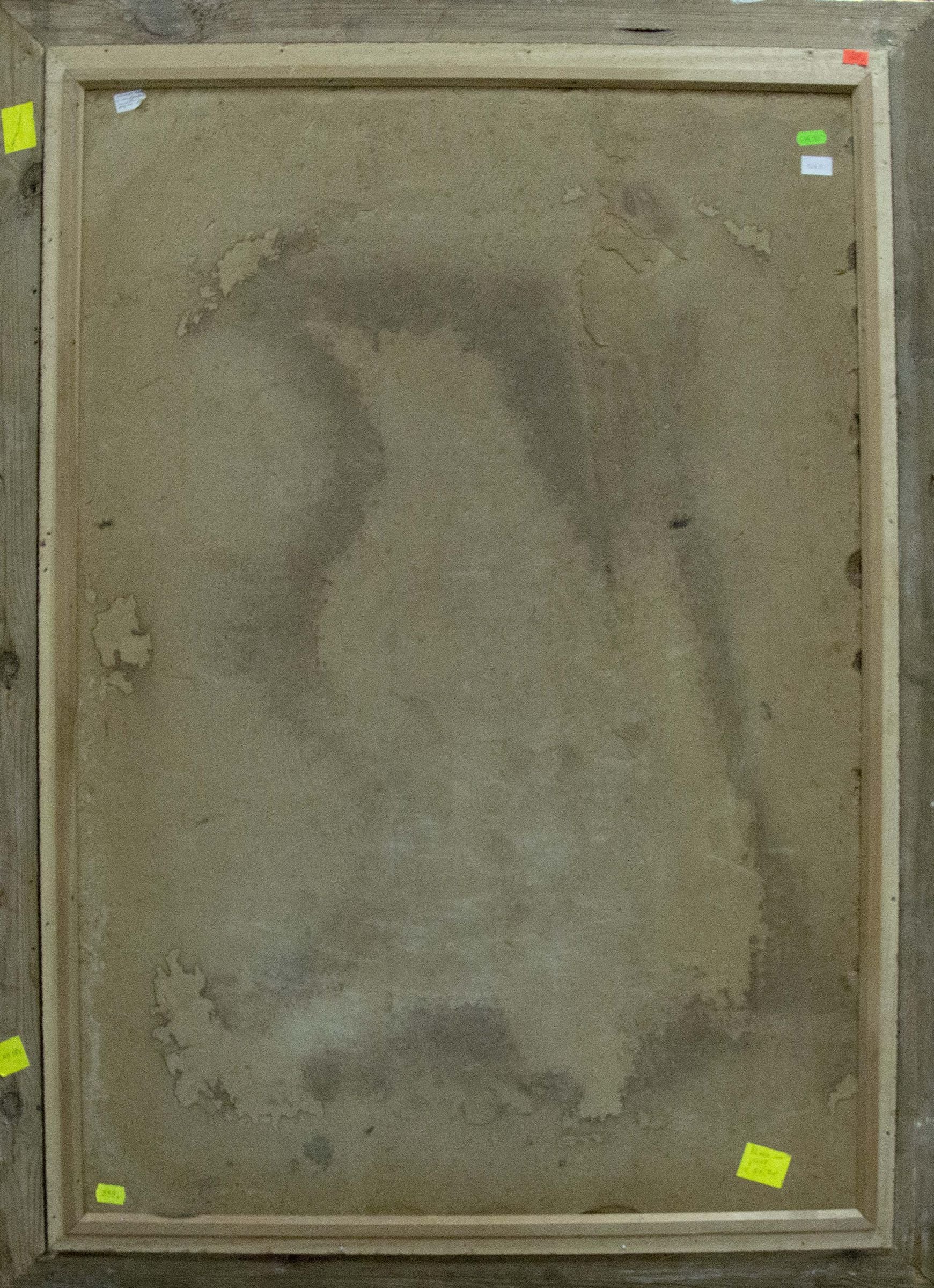 Back of framed oil painting Gladiolus by Smolskiy Grigoriy Stepanovich, aged beige canvas