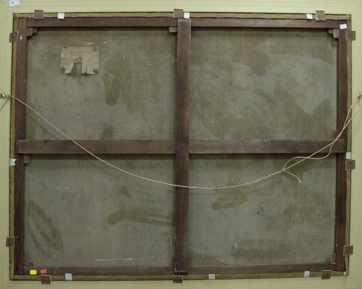 Back of dark wooden canvas frame with cross-bracing and wire for Oil painting Flowers Volnenko Anatoly Nikonovich