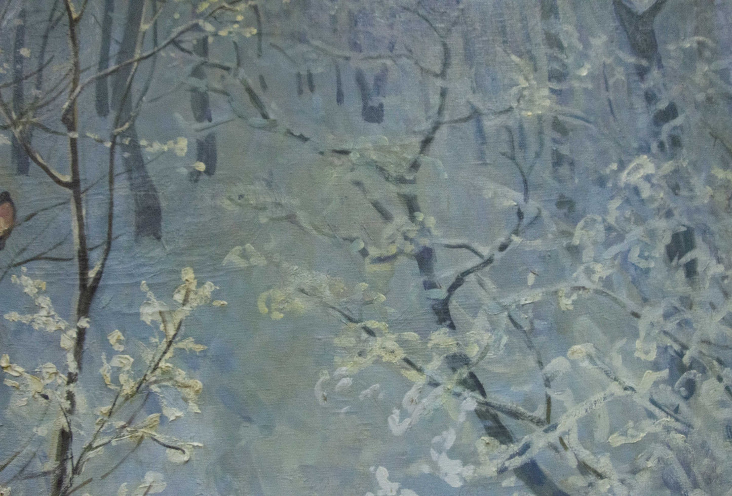 Oil painting of snowy forest with blossoms by Sevets Victor Stepanovich