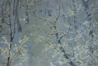 Oil painting of snowy forest with blossoms by Sevets Victor Stepanovich