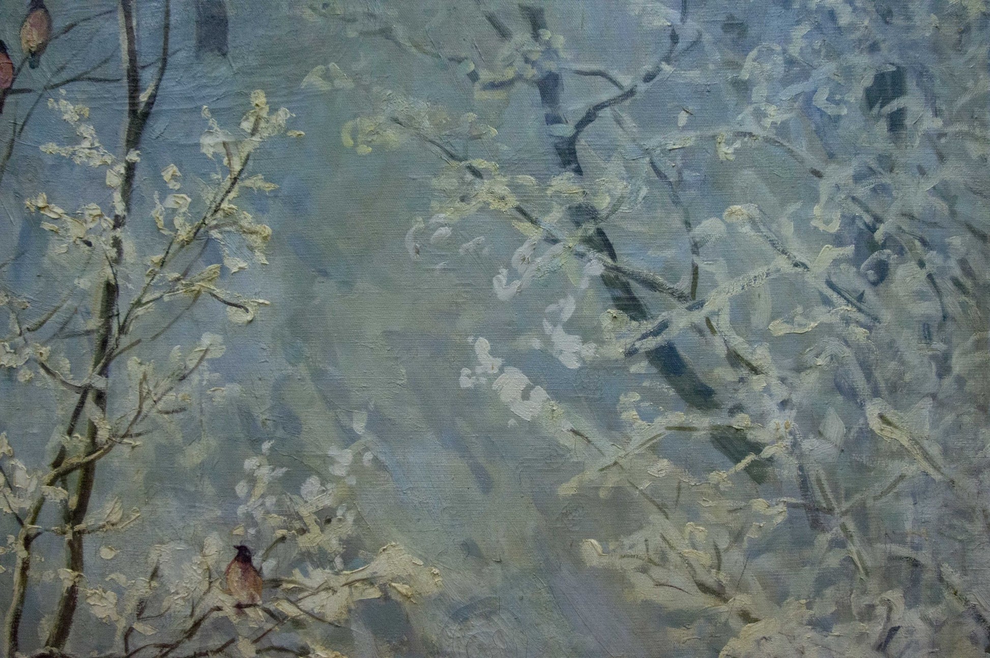 Oil painting by Sevets Victor Stepanovich: impressionistic snow-dusted branches with bird