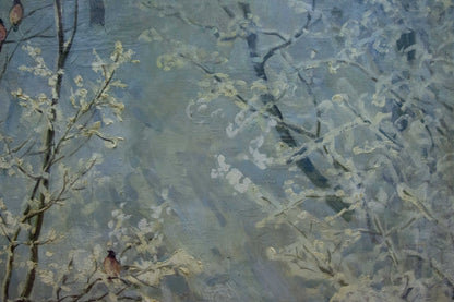 Oil painting by Sevets Victor Stepanovich: impressionistic snow-dusted branches with bird