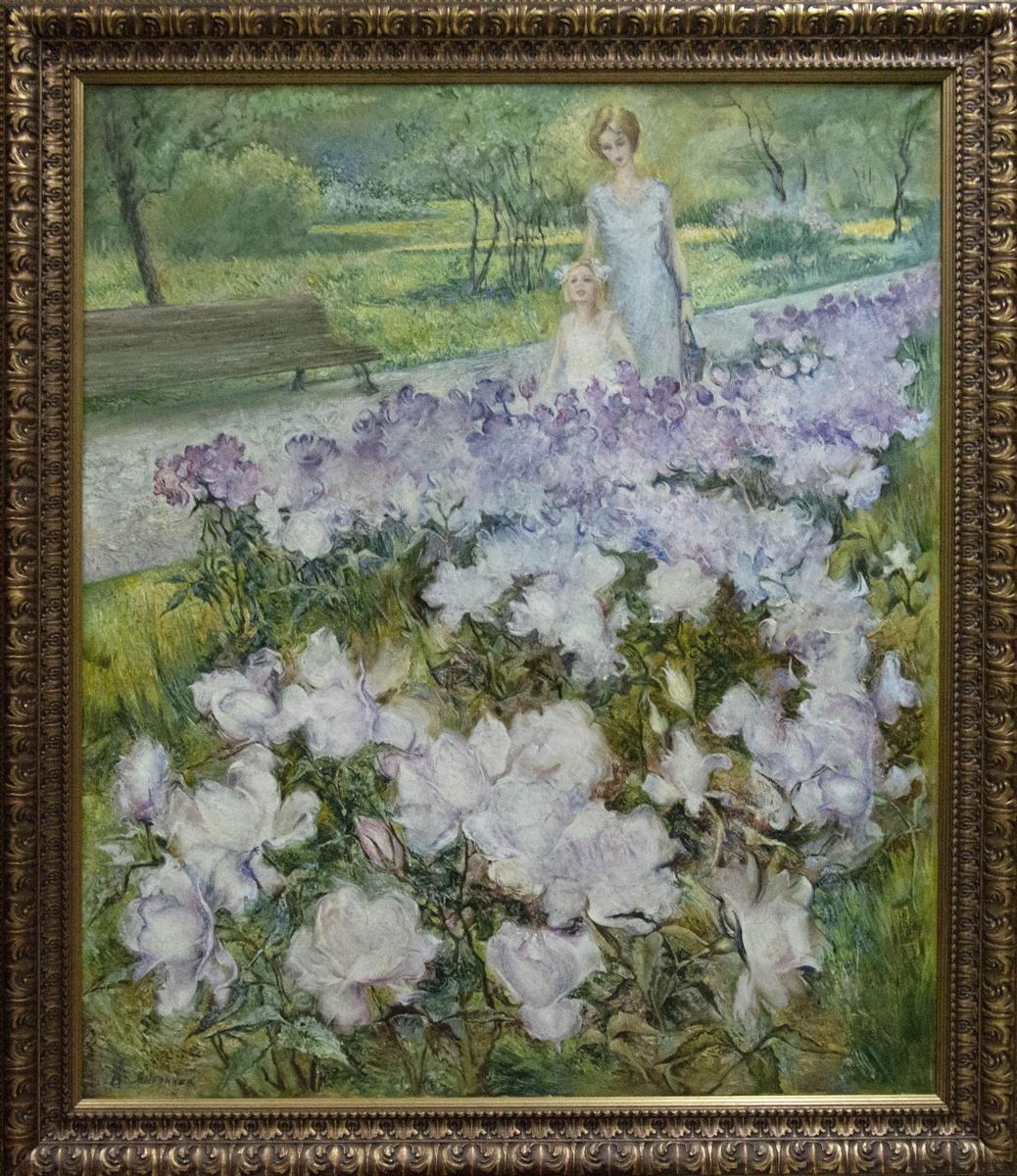 Oil painting Under a peaceful sky by Antonchik Viktor Mikhailovich, woman and child in garden