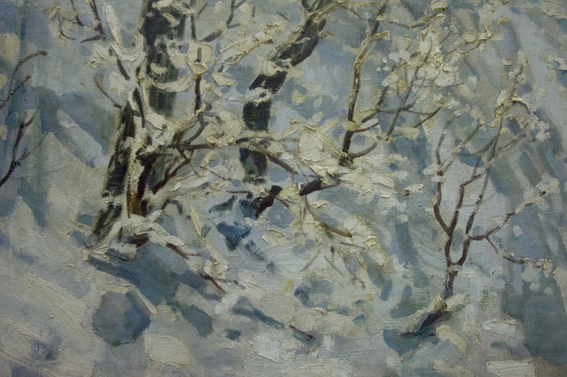 Textured impressionist oil painting of snow-covered birch trees by Sevets Victor Stepanovich