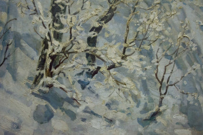 Textured impressionist oil painting of snow-covered birch trees by Sevets Victor Stepanovich