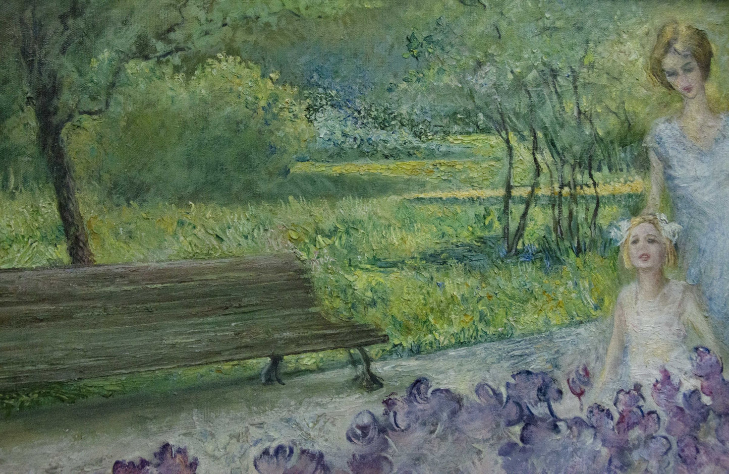 Oil painting of wooden park bench by purple flowers by Antonchik Viktor Mikhailovich