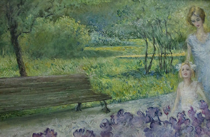 Oil painting of wooden park bench by purple flowers by Antonchik Viktor Mikhailovich