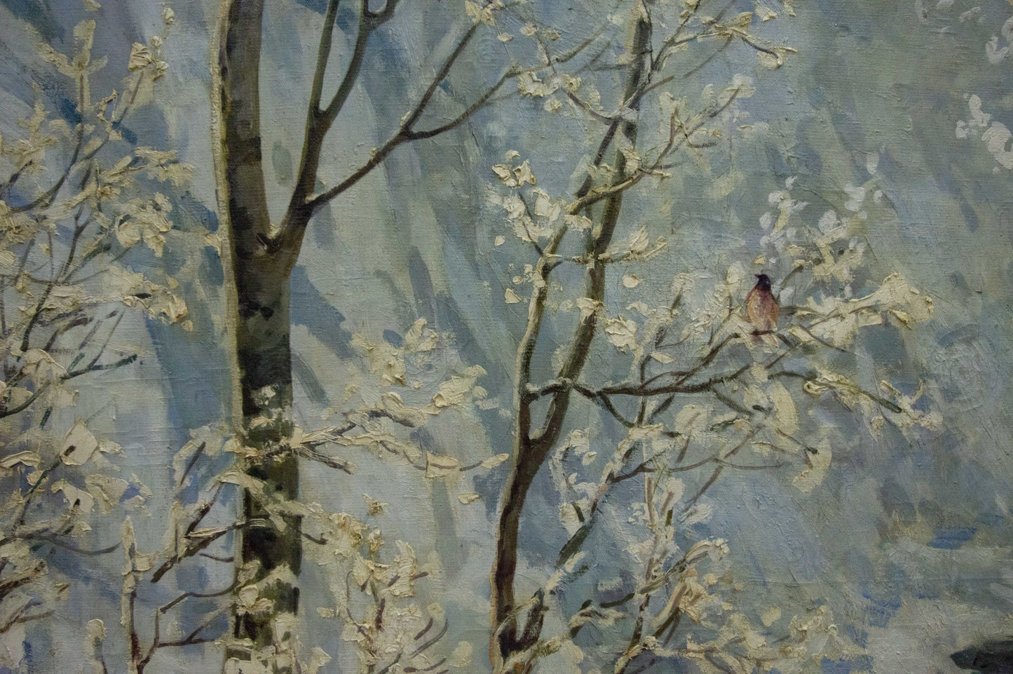 Oil painting by Sevets Victor Stepanovich: small bird on snow-dusted branches