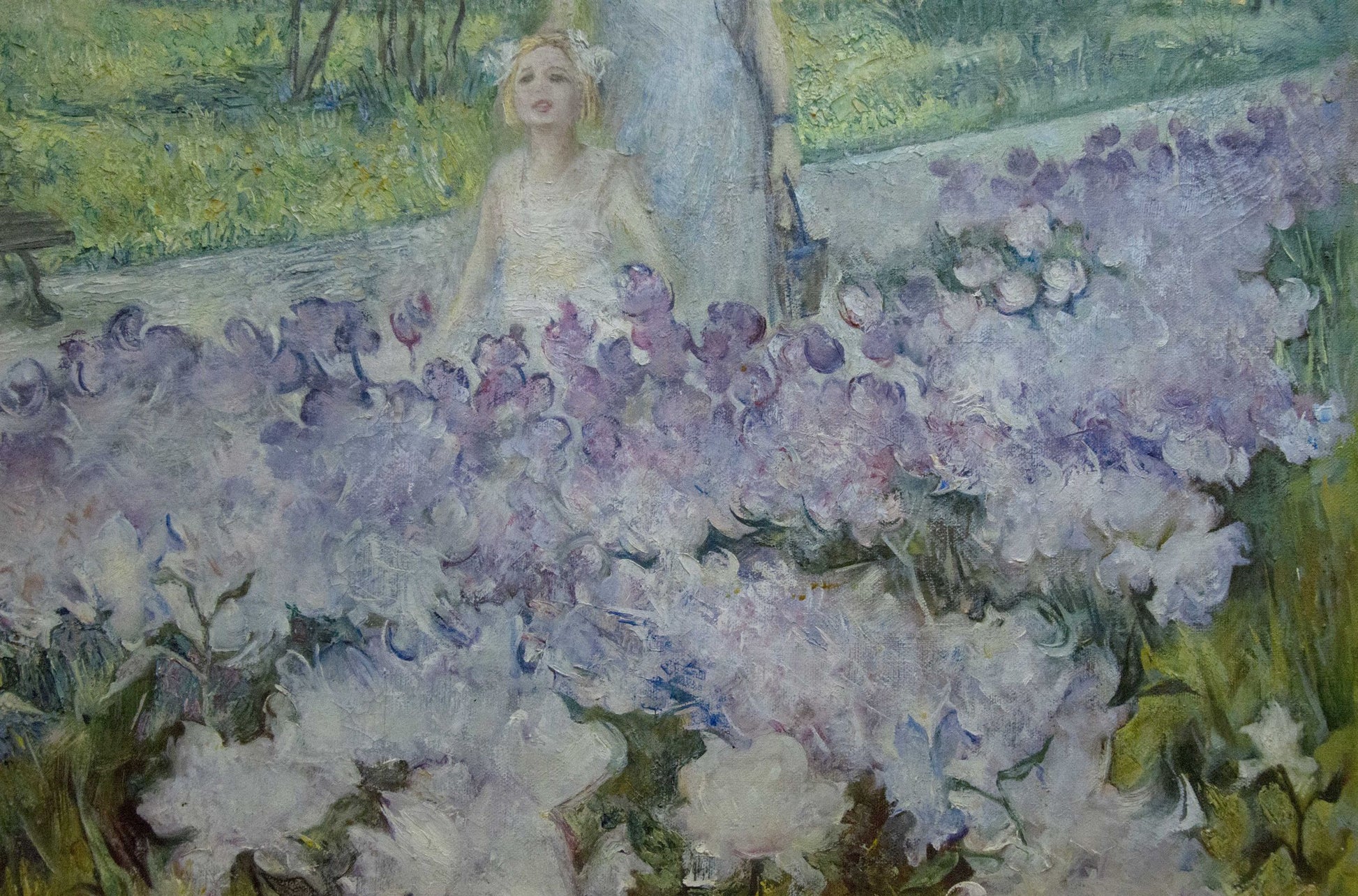 Impressionistic oil painting by Antonchik Viktor Mikhailovich of woman in gown amid purple flowers under peaceful sky