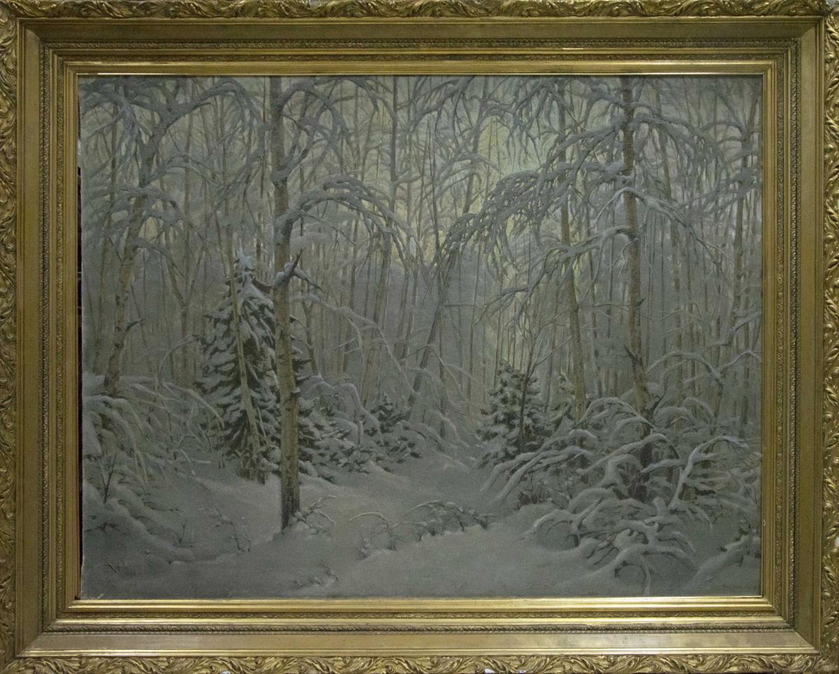 Oil painting of winter forest by Kamzolkin Evgeny Ivanovich in ornate gold frame