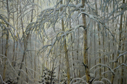 Oil painting by Kamzolkin Evgeny Ivanovich: snow-laden birch trees in winter forest