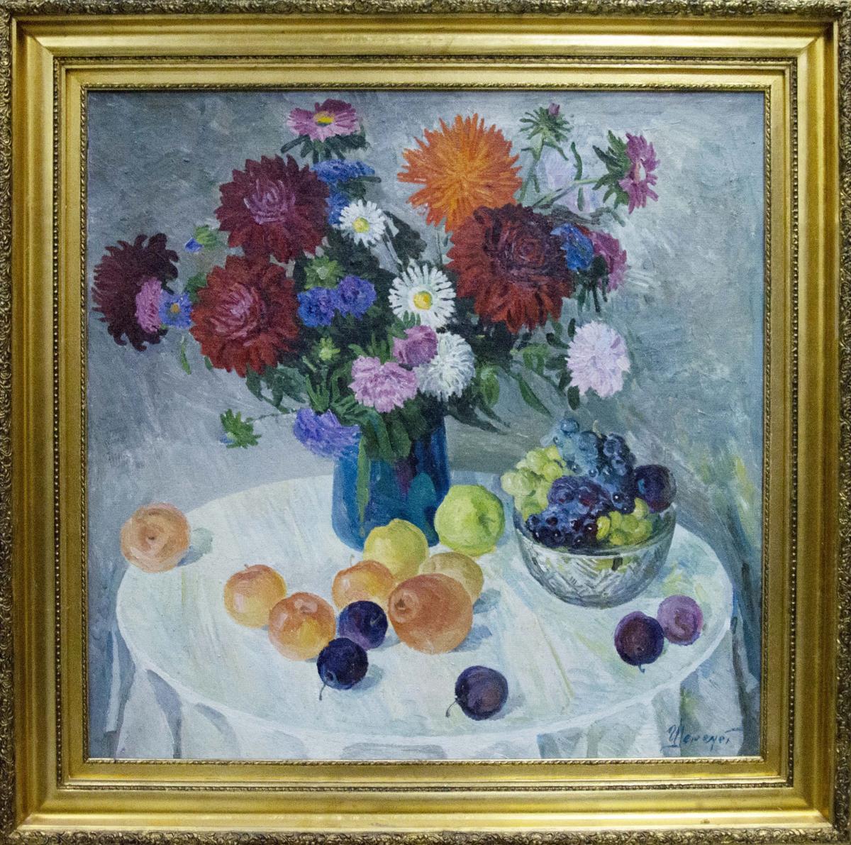 Oil painting by Sheremet Alexander Petrovich: vibrant asters in blue vase with fruit