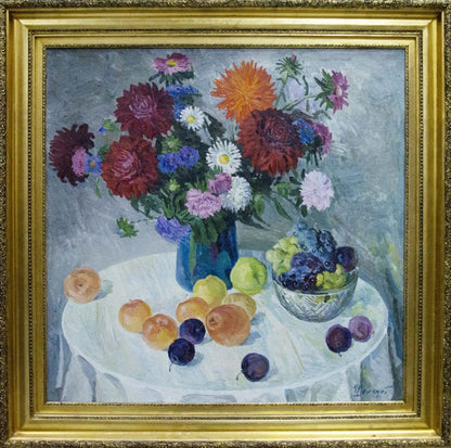 Oil painting by Sheremet Alexander Petrovich: vibrant asters in blue vase with fruit