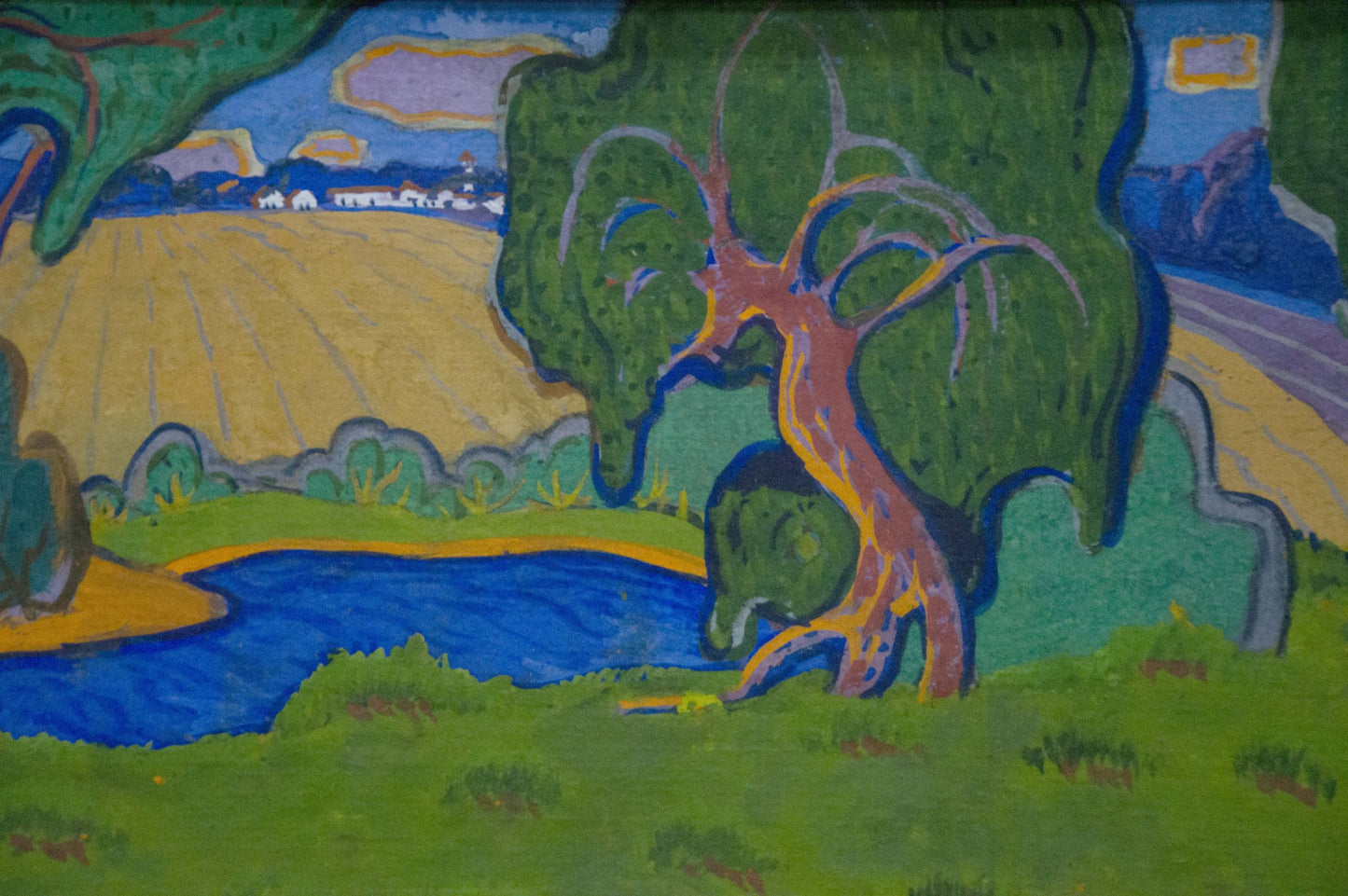 Oil painting of summer landscape with lake by Georgy Kolosovsky