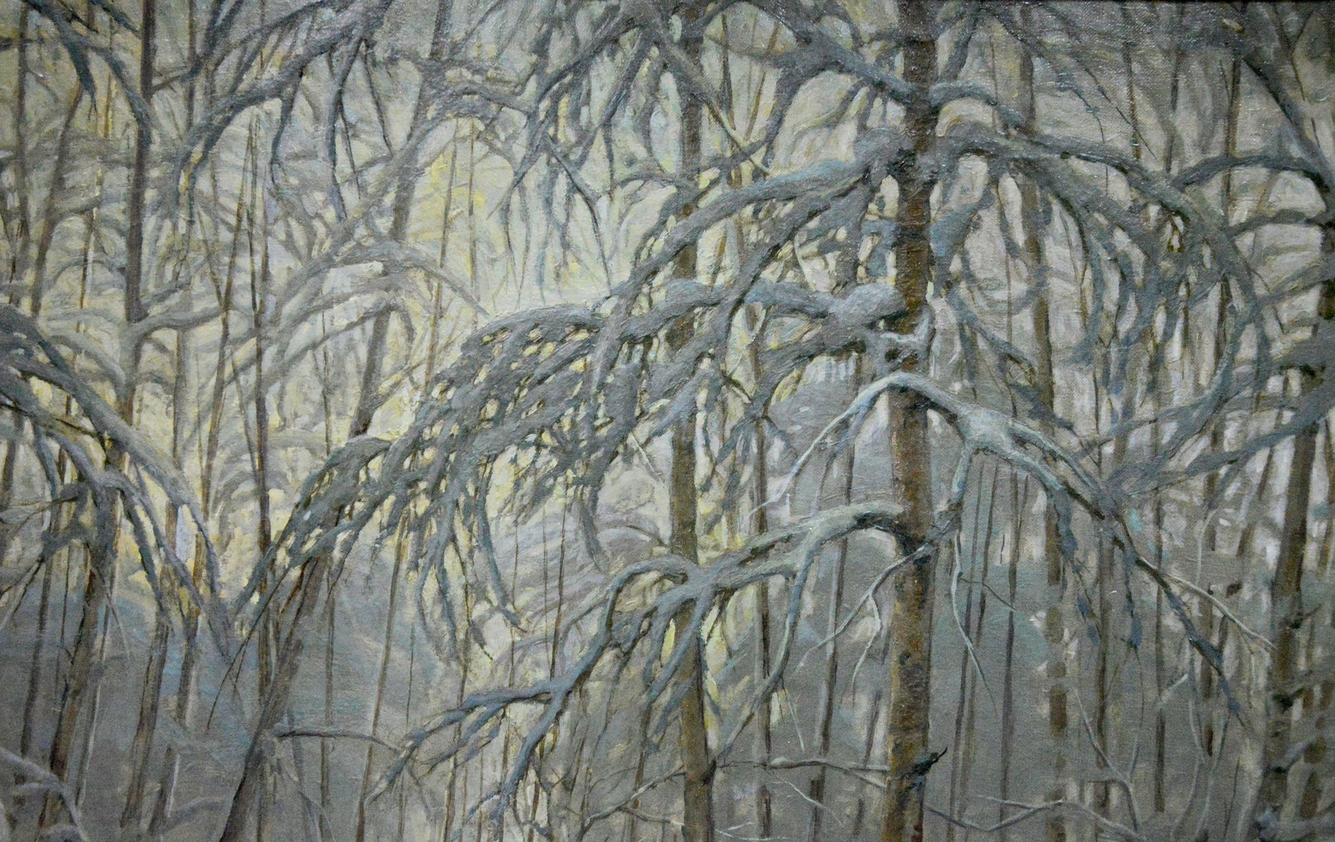 Oil painting of snow-laden tree branches by Kamzolkin Evgeny Ivanovich