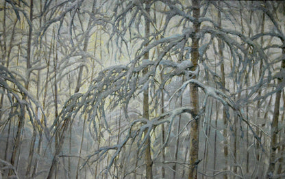 Oil painting of snow-laden tree branches by Kamzolkin Evgeny Ivanovich
