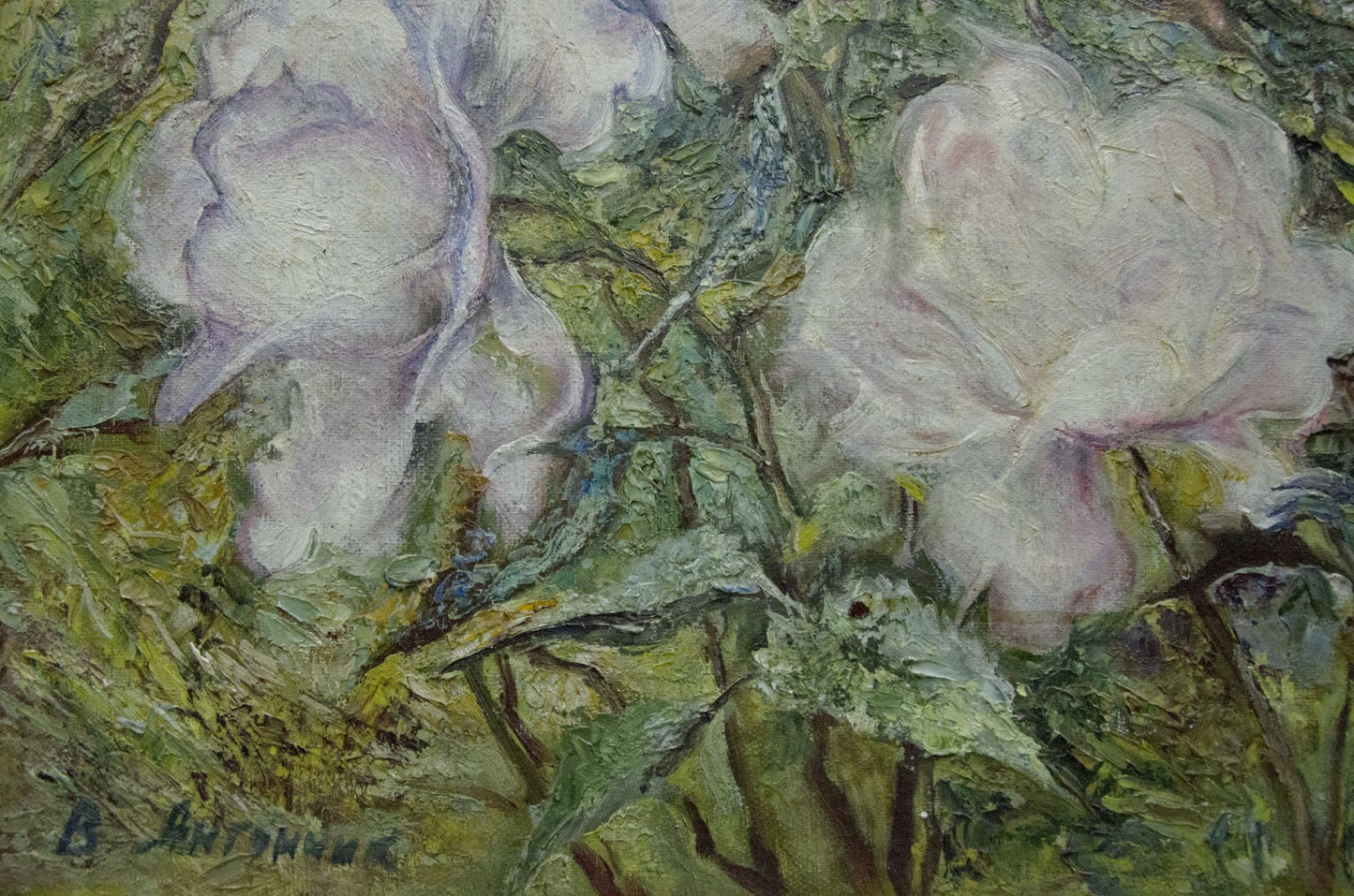 Oil painting of white peonies in lush foliage by Antonchik Viktor Mikhailovich