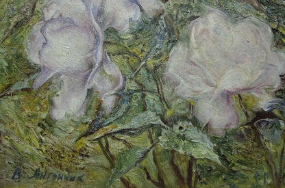 Oil painting of white peonies in lush foliage by Antonchik Viktor Mikhailovich