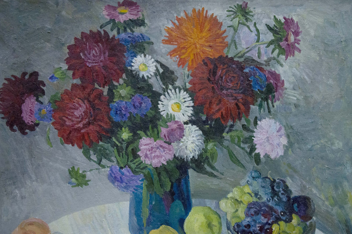 Oil painting of vibrant flower bouquet in blue vase by Sheremet Alexander Petrovich