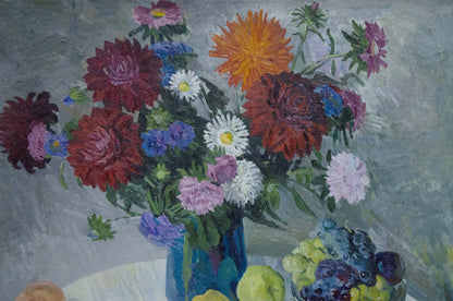 Oil painting of vibrant flower bouquet in blue vase by Sheremet Alexander Petrovich