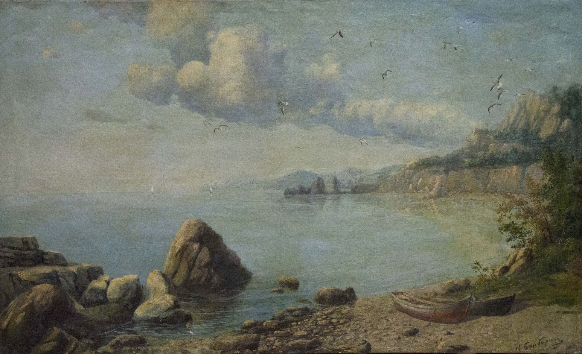 Oil painting Coast: serene sea, rocky shore, cliffs, birds in soft sky