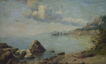Oil painting Coast: serene sea, rocky shore, cliffs, birds in soft sky
