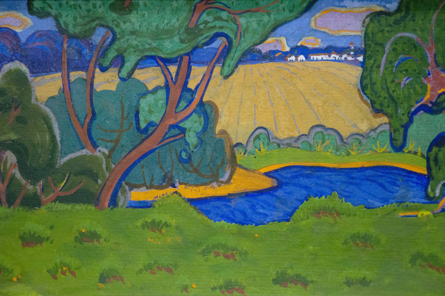 Oil painting by Georgy Kolosovsky: vibrant green trees frame serene blue river in summer landscape