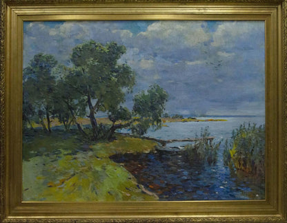 Framed oil painting of serene lakeside summer landscape by Bakaev Sergey Ivanovich
