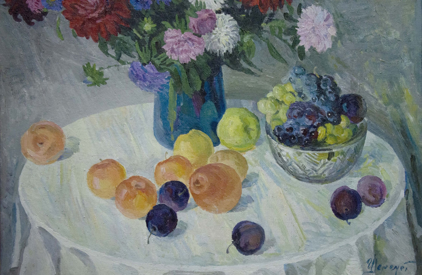 Oil painting of vibrant mixed flowers in glossy blue vase by Sheremet Alexander Petrovich