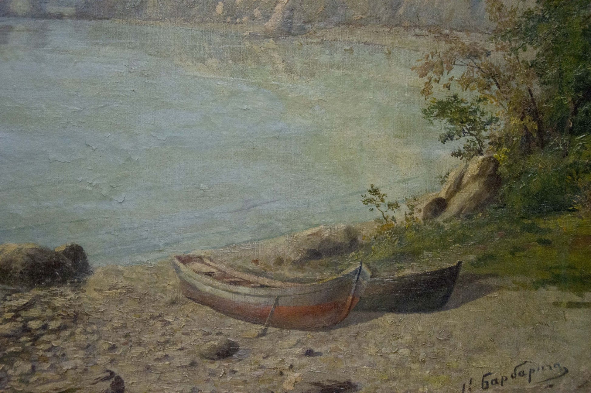 Oil painting Coast: weathered wooden rowboat on pebbled shore