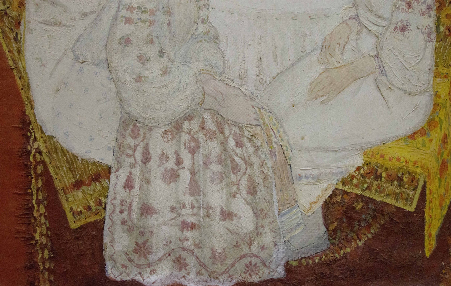 Delicate white dress with pink floral embroidery in Golembievskaya painting