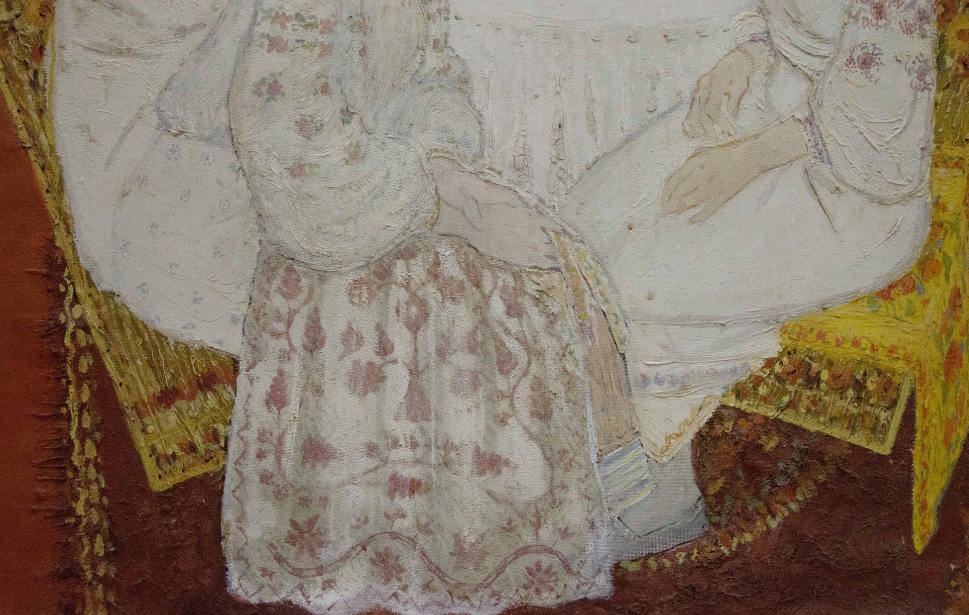 Delicate white dress with pink floral embroidery in Golembievskaya painting