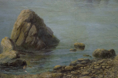 Oil painting Coast: weathered mossy rock in calm shallow water