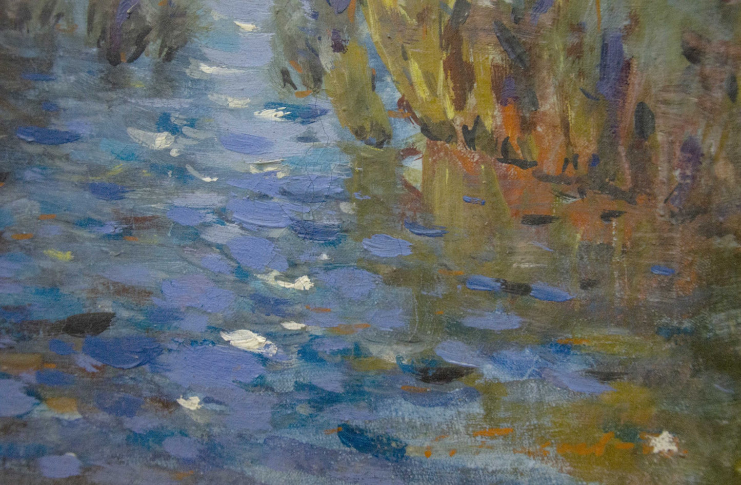 Vibrant impressionist oil painting by Bakaev Sergey Ivanovich of serene waterway with lily pads