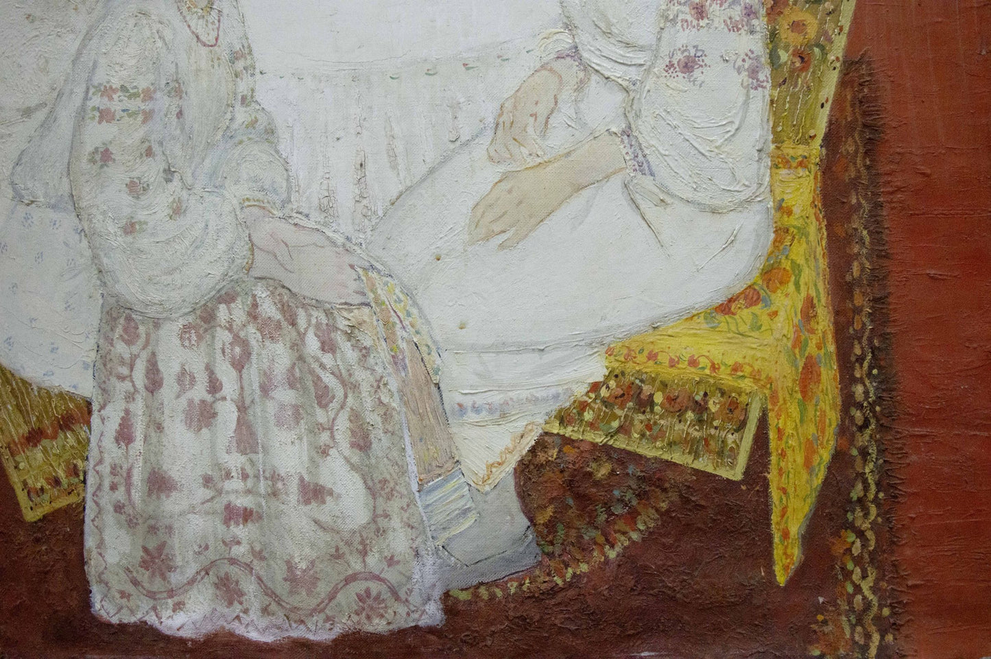 Oil painting of woman in white floral dress on ornate yellow chair by Golembievskaya Tatiana Nikolaevna