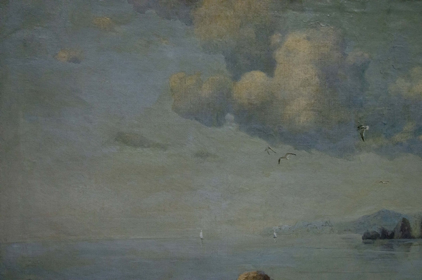 Impressionistic oil painting of Coast with muted blue-grey sky and ochre clouds