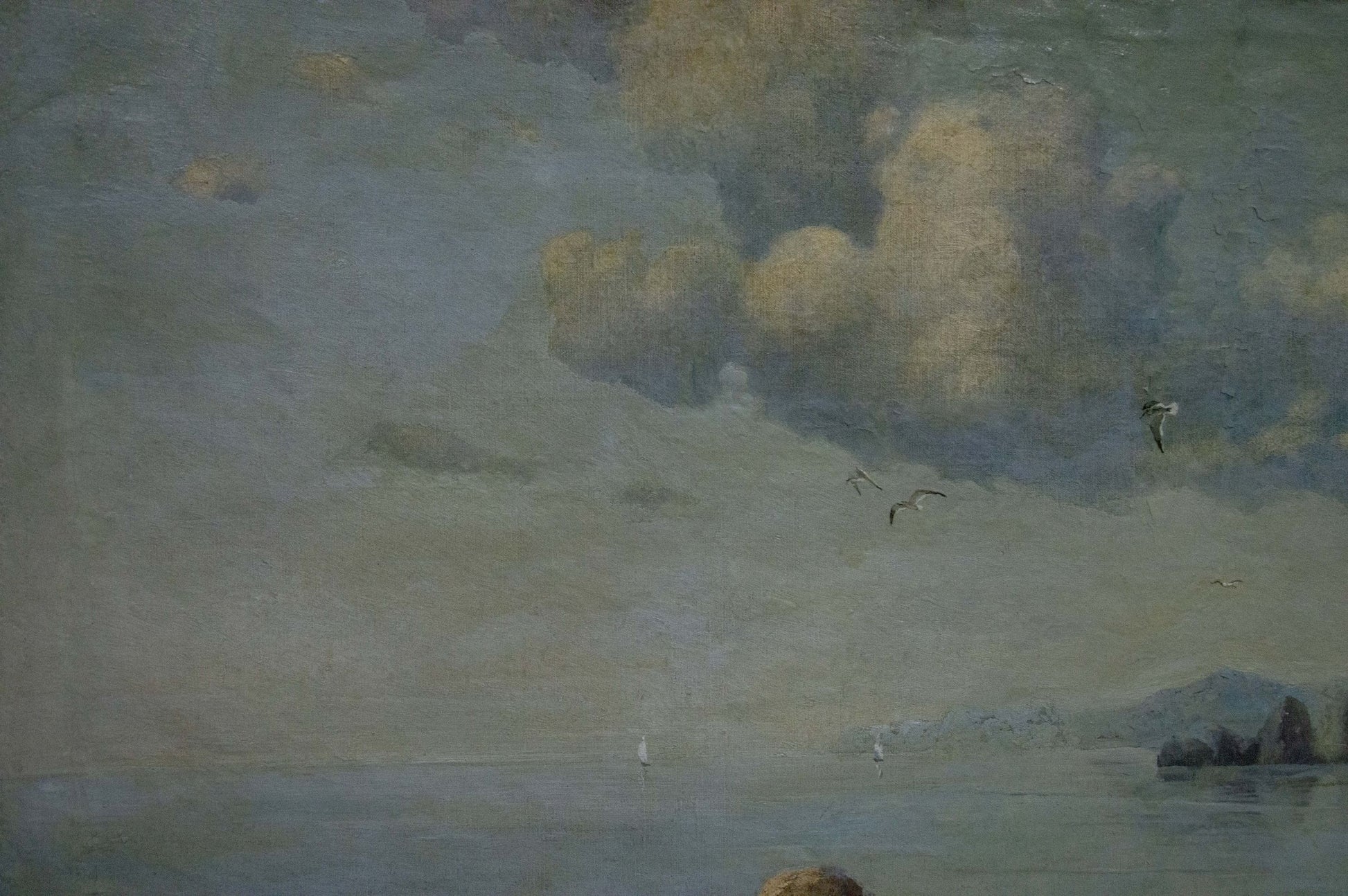 Impressionistic oil painting of Coast with muted blue-grey sky and ochre clouds