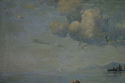 Impressionistic oil painting of Coast with muted blue-grey sky and ochre clouds