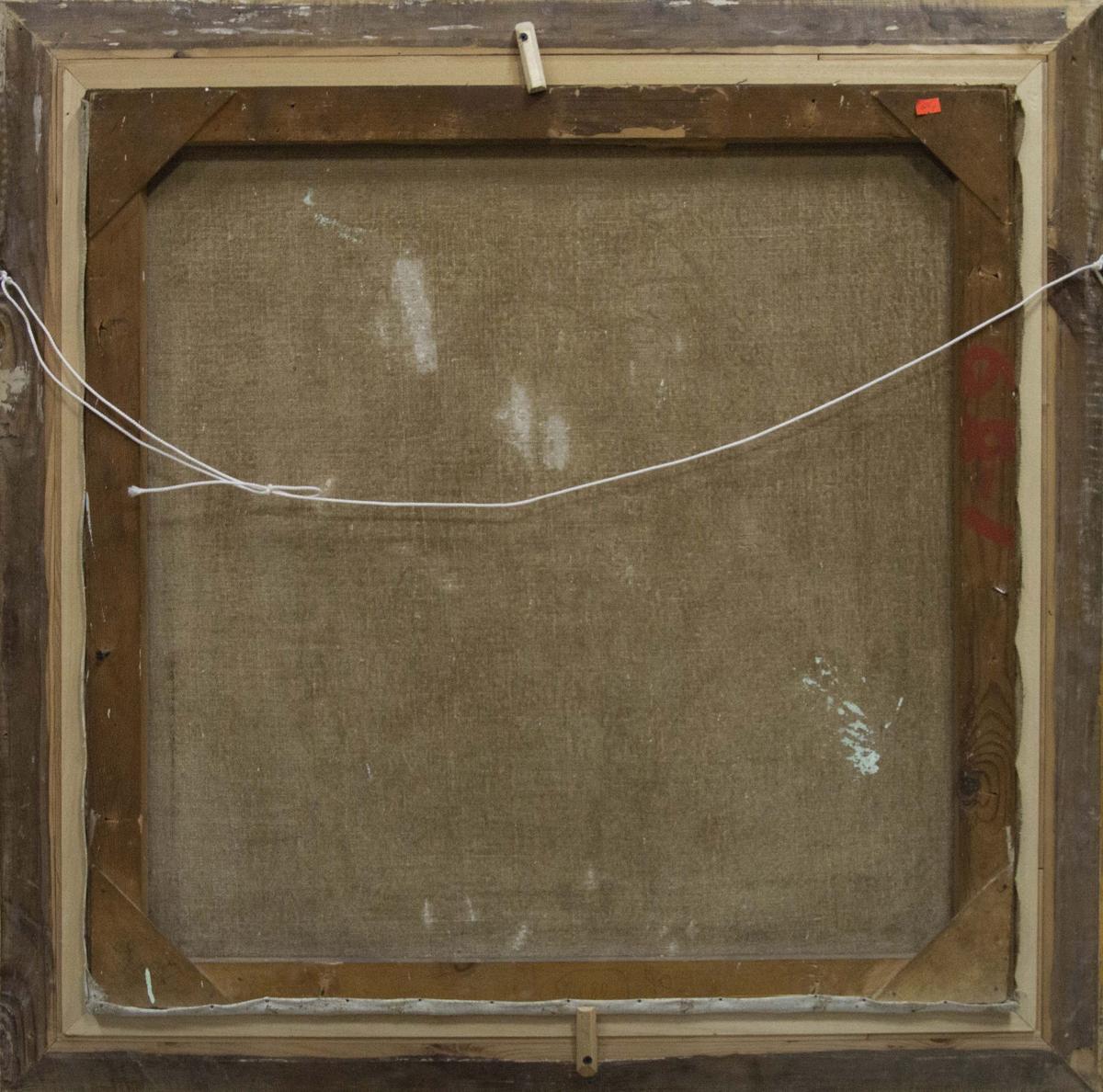 Back of Sheremet Alexander Petrovich oil still life painting in weathered frame