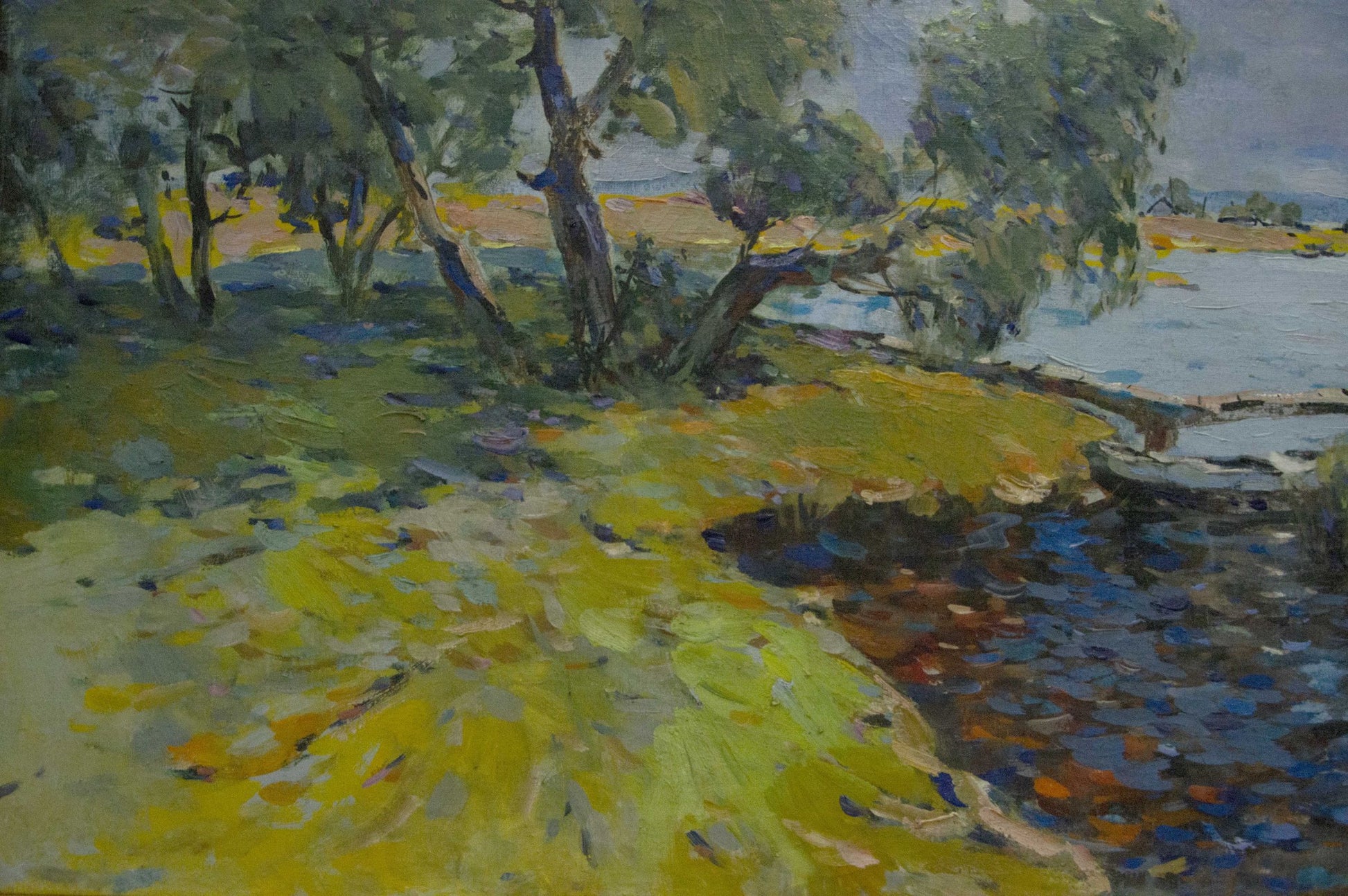 Vibrant impressionist oil painting by Bakaev Sergey Ivanovich of sunlit riverside summer landscape