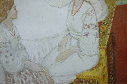 Oil painting of woman in white floral dress on yellow chair by Golembievskaya Tatiana Nikolaevna