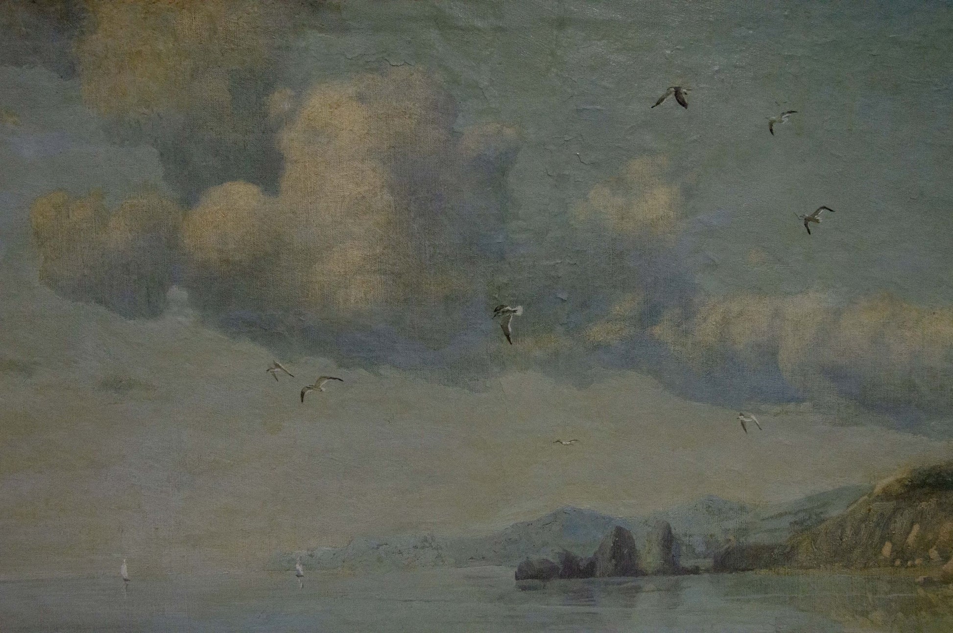 Impressionistic oil painting of cloudy sky, seagulls over coastal cliffs