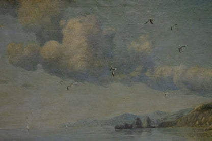Impressionistic oil painting of cloudy sky, seagulls over coastal cliffs