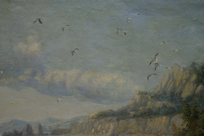 Oil painting Coast: flock of seagulls flying over cloudy sky and rocky cliffs