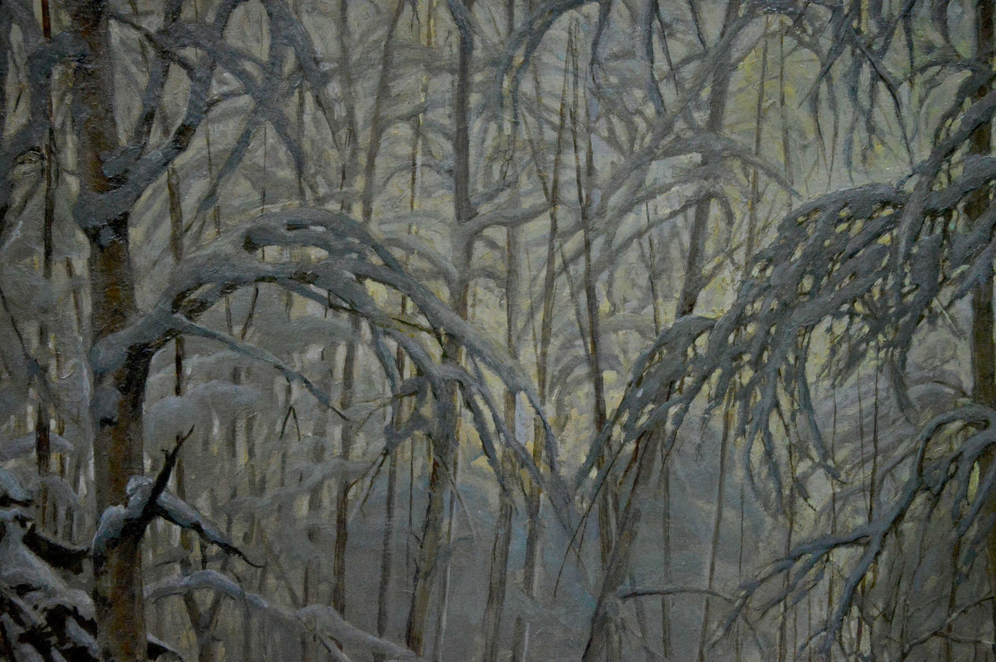 Oil painting of snow-laden branches in winter forest by Kamzolkin Evgeny Ivanovich