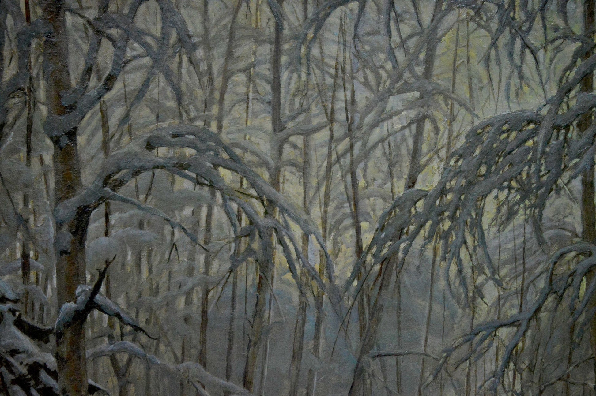 Oil painting of snow-laden branches in winter forest by Kamzolkin Evgeny Ivanovich